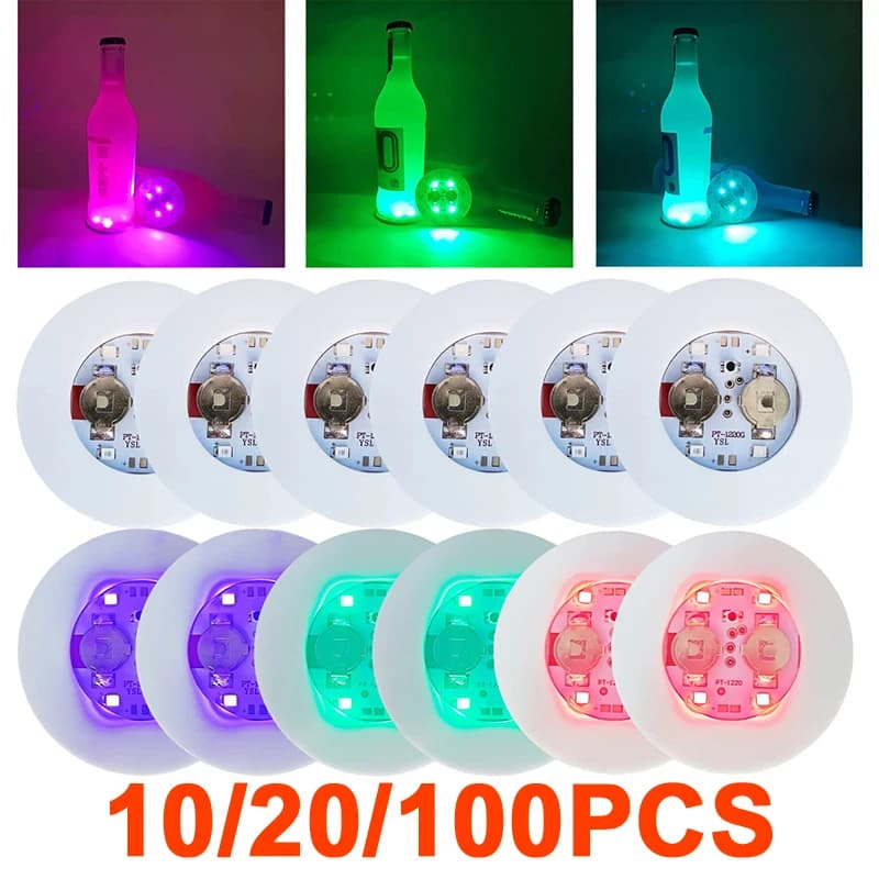 10-100PCS LED Flash Sottobicchiere Luci Alimentate a batteria Bottiglia luminosa Adesivi Tazza di vino Tappetini Lampada Ktv Bar Party Drink Tazze Decor