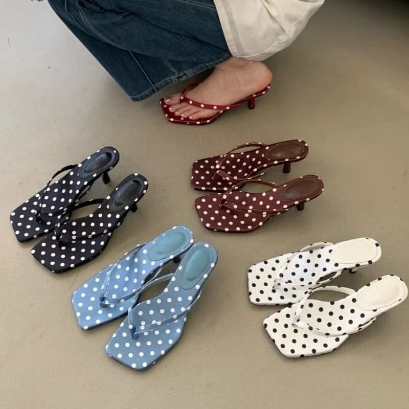 Fashion Slip On Sandals Retro Vintage Women Polka Dot Mule Heels Square Toe Stiletto Slippers Summer Party Night Dress Shoes