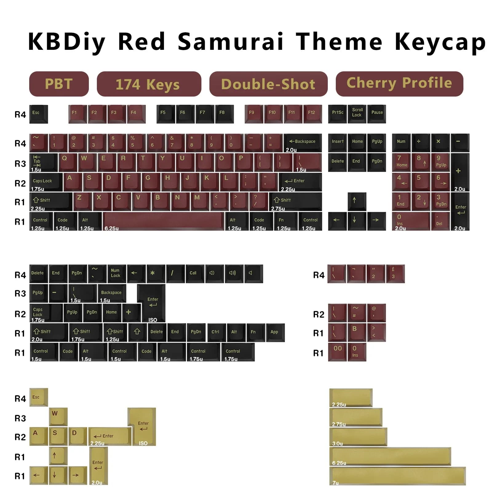 Set di Tasti GMK KBDiy Double Shot Profilo Cherry in PBT, Tasti GMK Red Samurai per Tastiera Meccanica ISO, 174 Tasti/Set per GMK67 K500