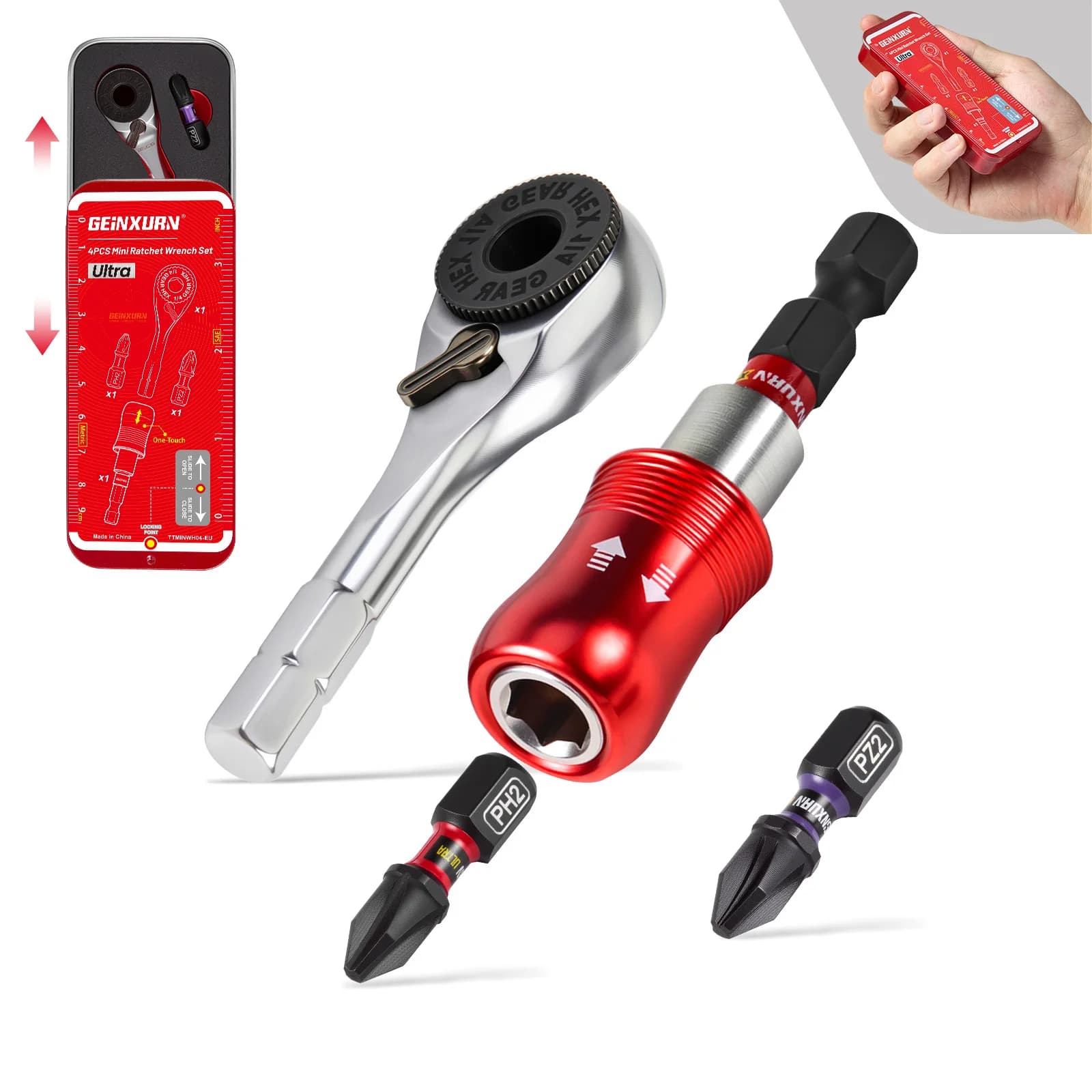 Geinxurn Mini set di cacciaviti a cricchetto, cacciavite S2, portapunte magnetico a impatto, chiave da 1/4", custodia push-pull per riparazioni e fai da te