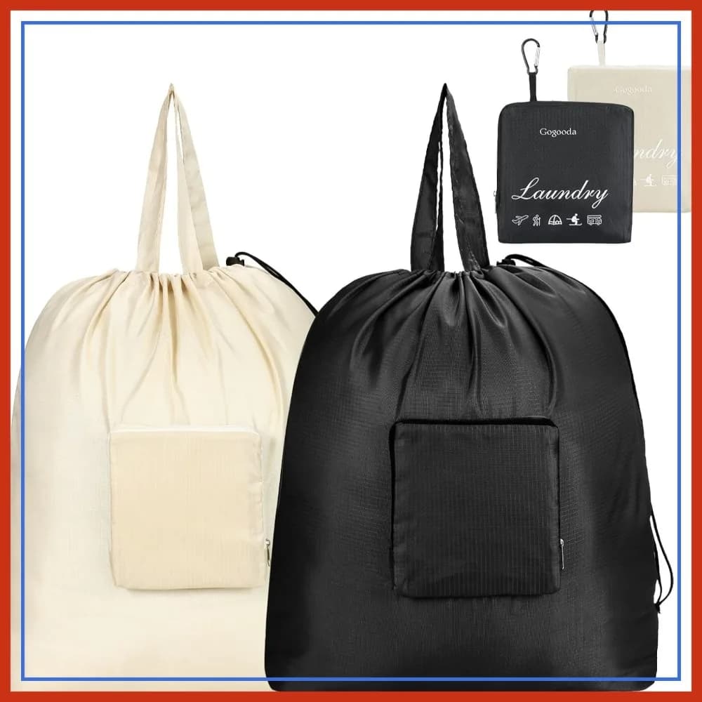 Grandi Sacchi per Bucato da Viaggio con Cordoncino, Borsa Pieghevole per Vestiti Sporchi con Manico, Resistente e Lavabile per Dormitori Universitari e Campeggio, Confezione da 2, Nero e Beige