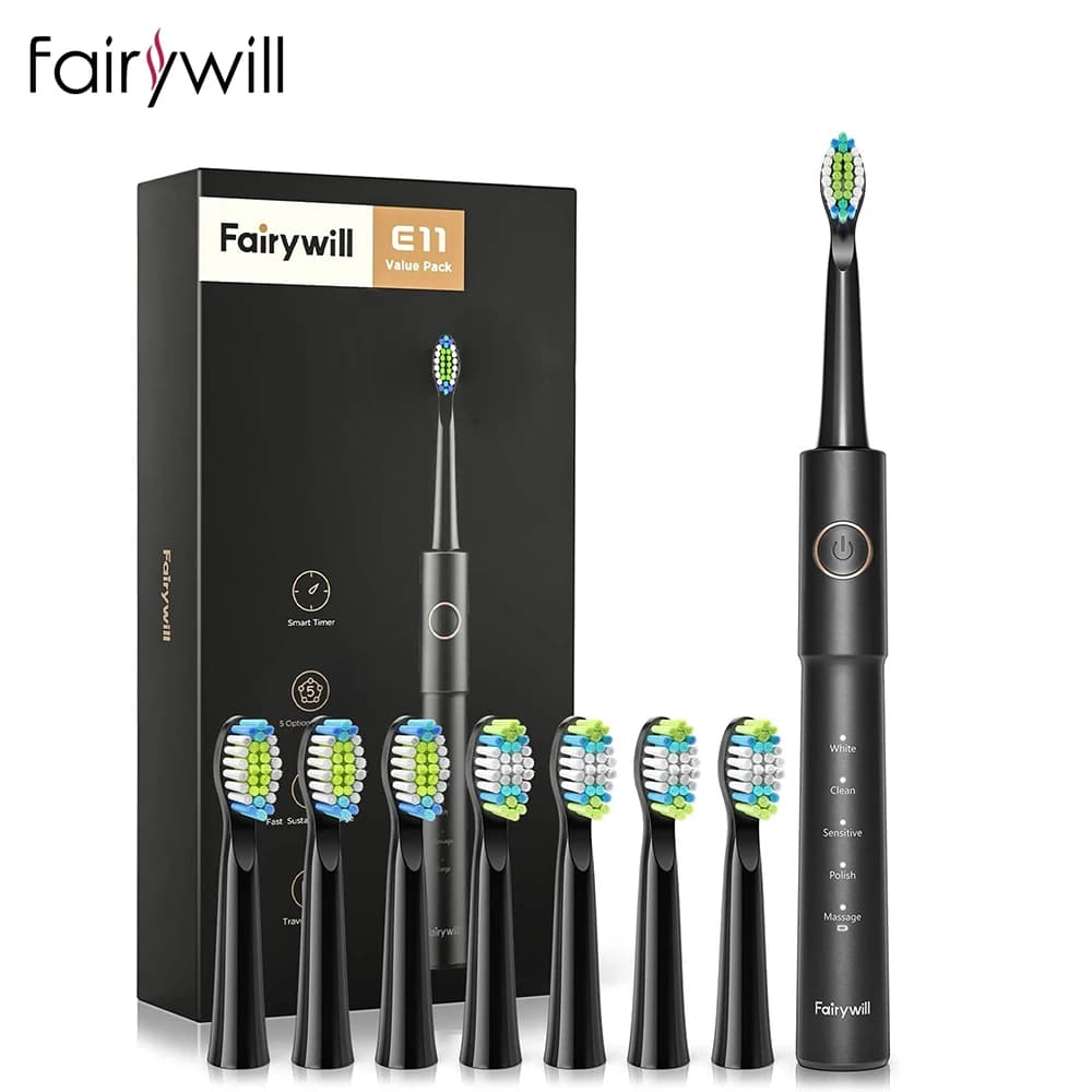 Fairywill E11 Rechargeable Electric Toothbrush with Waterproof USB Charging 8 Adult Brush Replacement Heads
