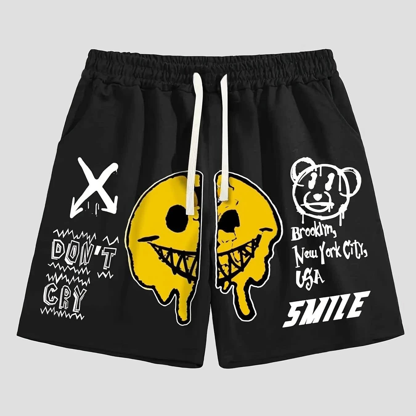 Pantaloncini da uomo con motivo facciale e lettere allegre, con cintura e tasche, pantaloncini estivi alla moda street style