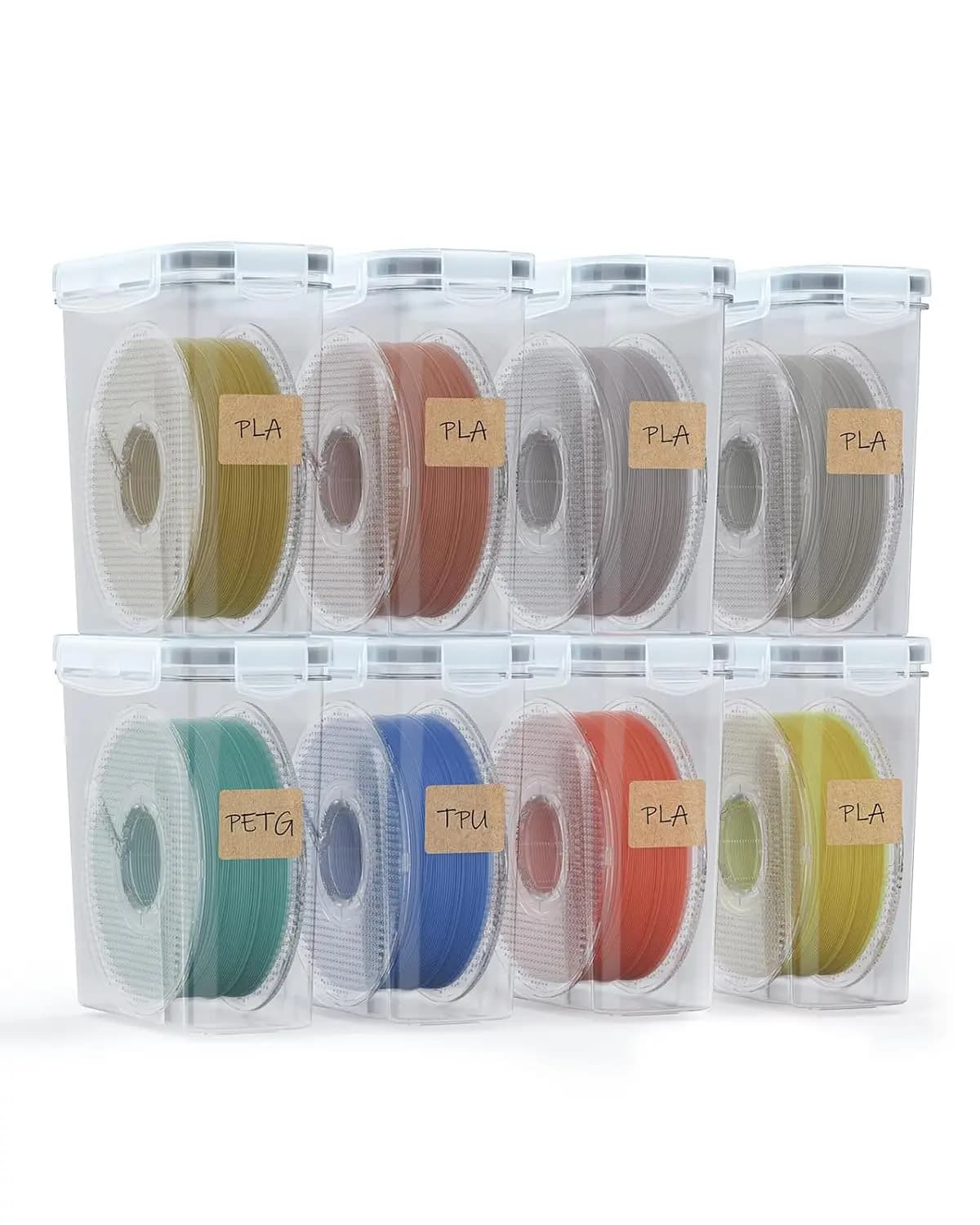 Set di 8 Scatole per Conservazione Filamenti per Stampa 3D, Impermeabili e Antipolvere, Adatte per Bobine da 1KG, Include Assorbenti e Etichette