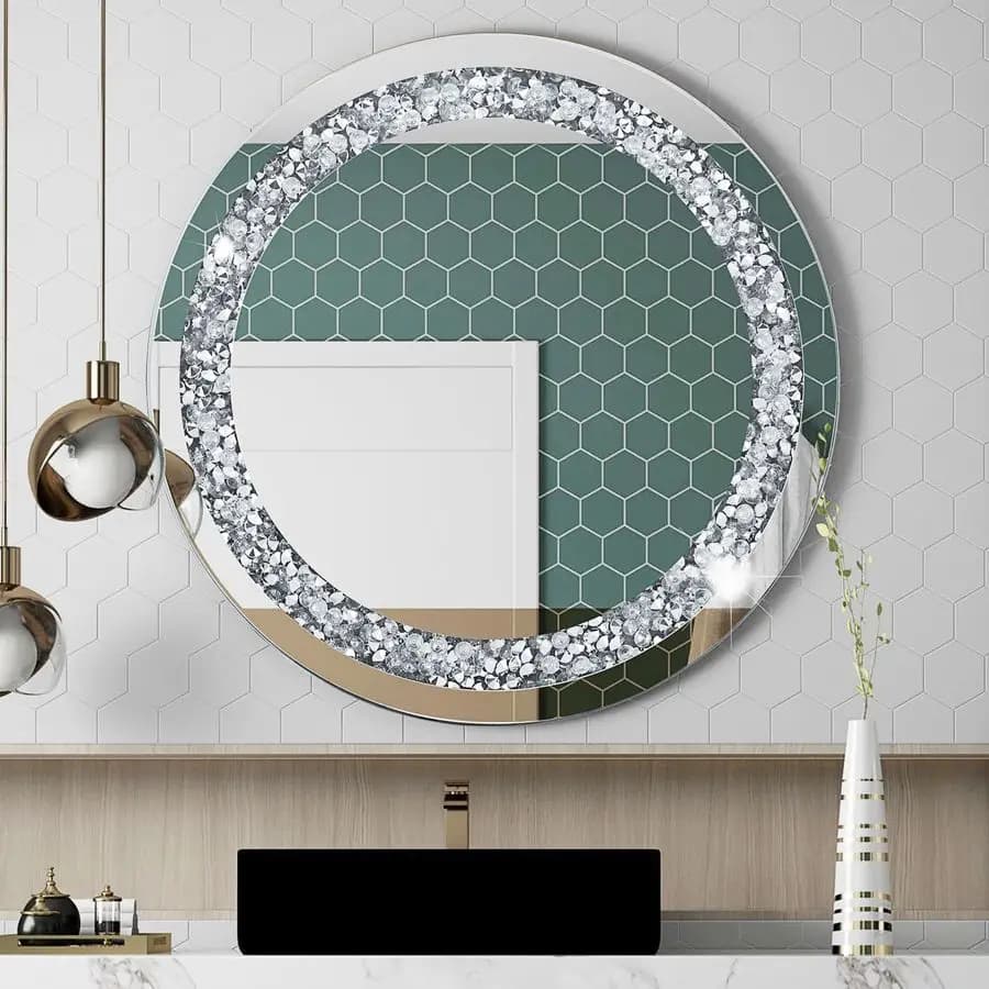 Specchio da Parete Rotondo in Vetro con Effetto Diamantato, Specchio da Bagno, Decorazione Murale, Specchio da Appendere, Adatto per Soggiorno, Camera da Letto