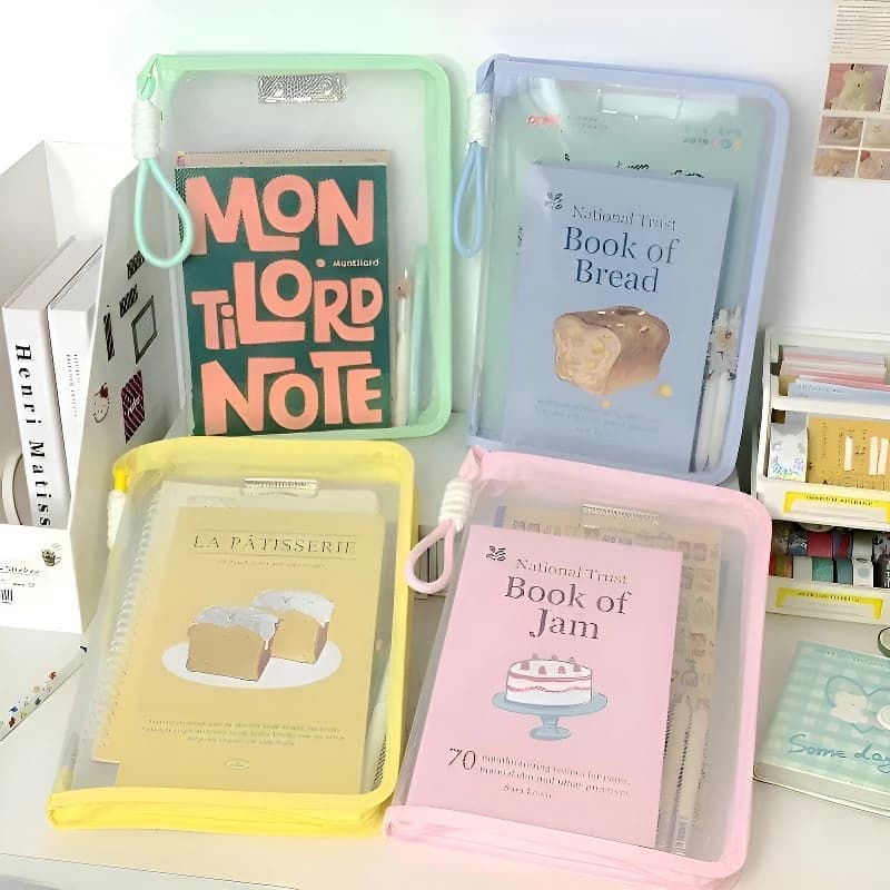 Custodia per cartelle di file portatile Borse per organizer di archiviazione con manico trasparente Borsa per file con cerniera A4 Forniture per supporti di cancelleria color caramello