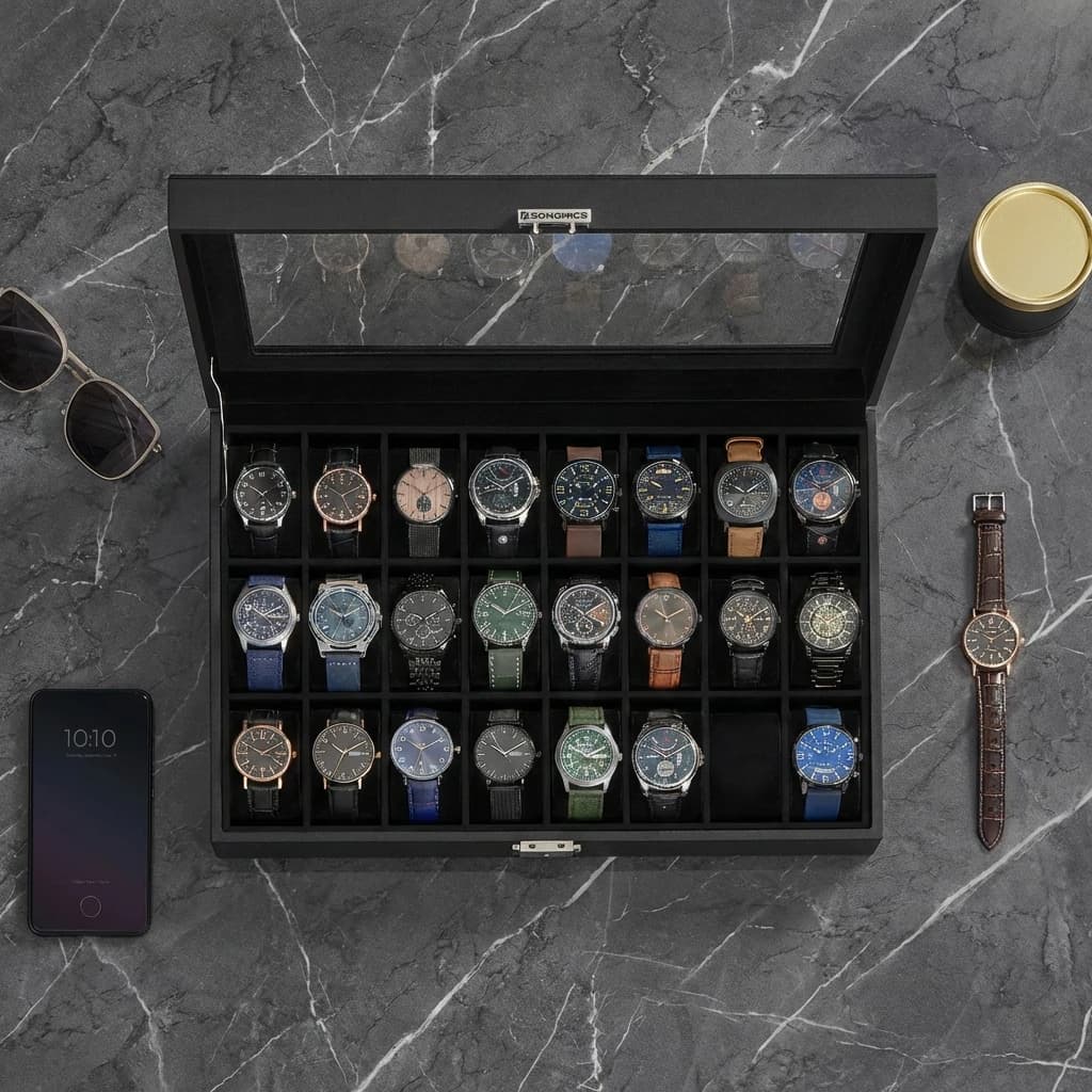 SONGMICS Scatola Porta Orologi a 24 Scomparti, Custodia per Orologi con Coperchio in Vetro, Idea Regalo, Pelle Sintetica Nero Inchiostro