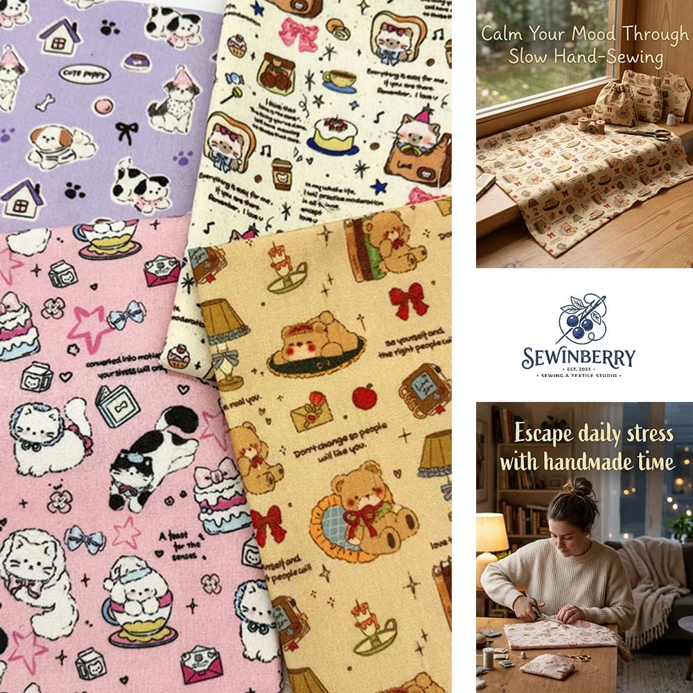 Kawaii Vintage Mixed Cute Puppy Kitten Bear Dessert Print Cotton Fabric Stress Relief DIY Sewing Material For Kids Dress Pouch