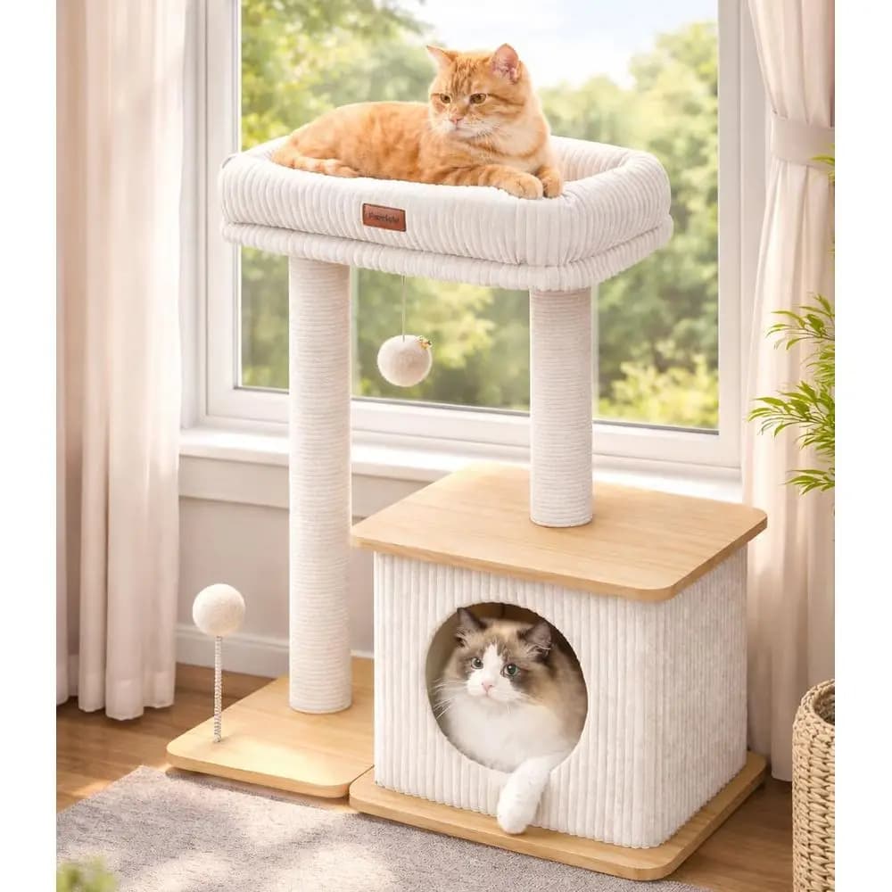 Albero per Gatti da Interno, Stile Torre in Legno con Pali in Sisal, Letti Imbottiti e Cucce Accoglienti, Adatto per Gattini e Gatti Adulti