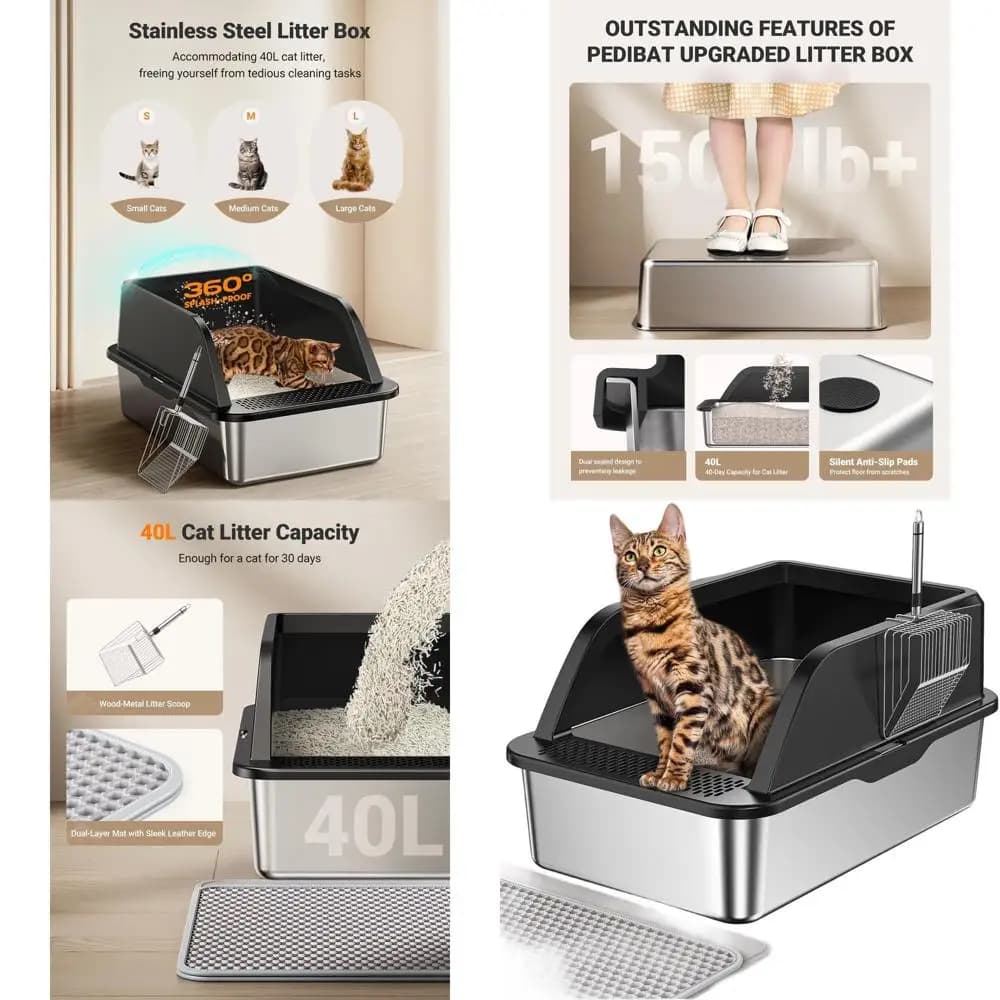 Lettiera per Gatti in Metallo Extra Large Chiusa con Bordi Alti, Coperchio, Tappetino Facile da Pulire e Kit Paletta, Design Anti-Perdita per Gatti Grandi - B
