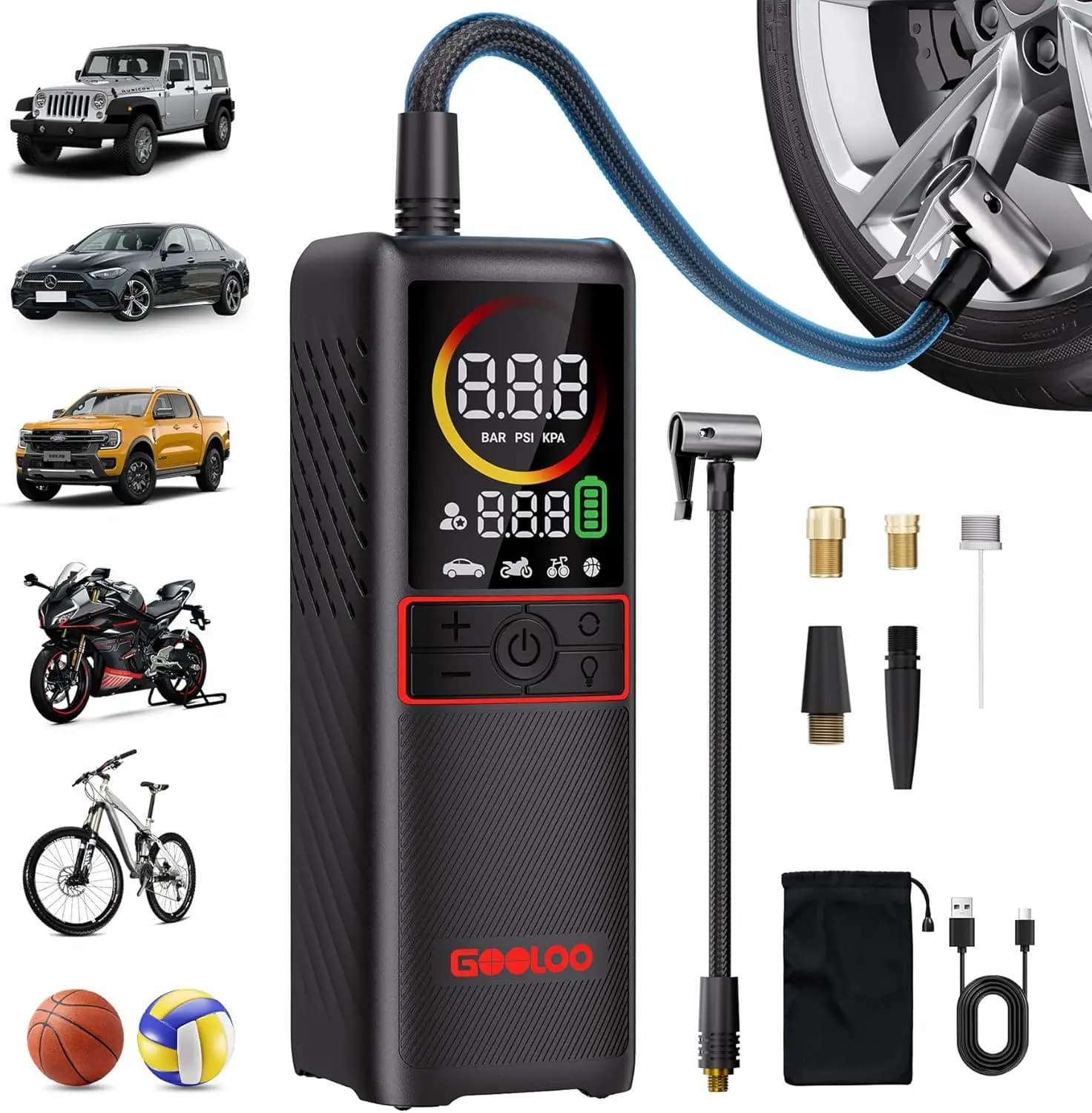 Compressore d'Aria Portatile, Pompa Senza Fili 160PSI con Display Digitale per Auto, Biciclette, Moto