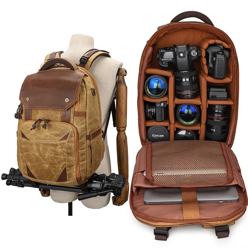 Camera Bag Waterproof Retro Batik Canvas Leather Backpack USB Port fit 15.4inch Laptop Men Photography Bags Travel Carry Case