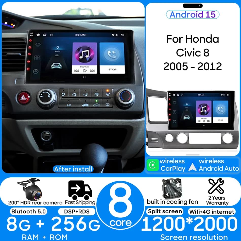 Android 15 Autoradio Lettore Multimediale Unità di Testa Stereo per Honda Civic 8 2005 - 2012 Navigazione GPS Android Auto CarPlay 2DIN