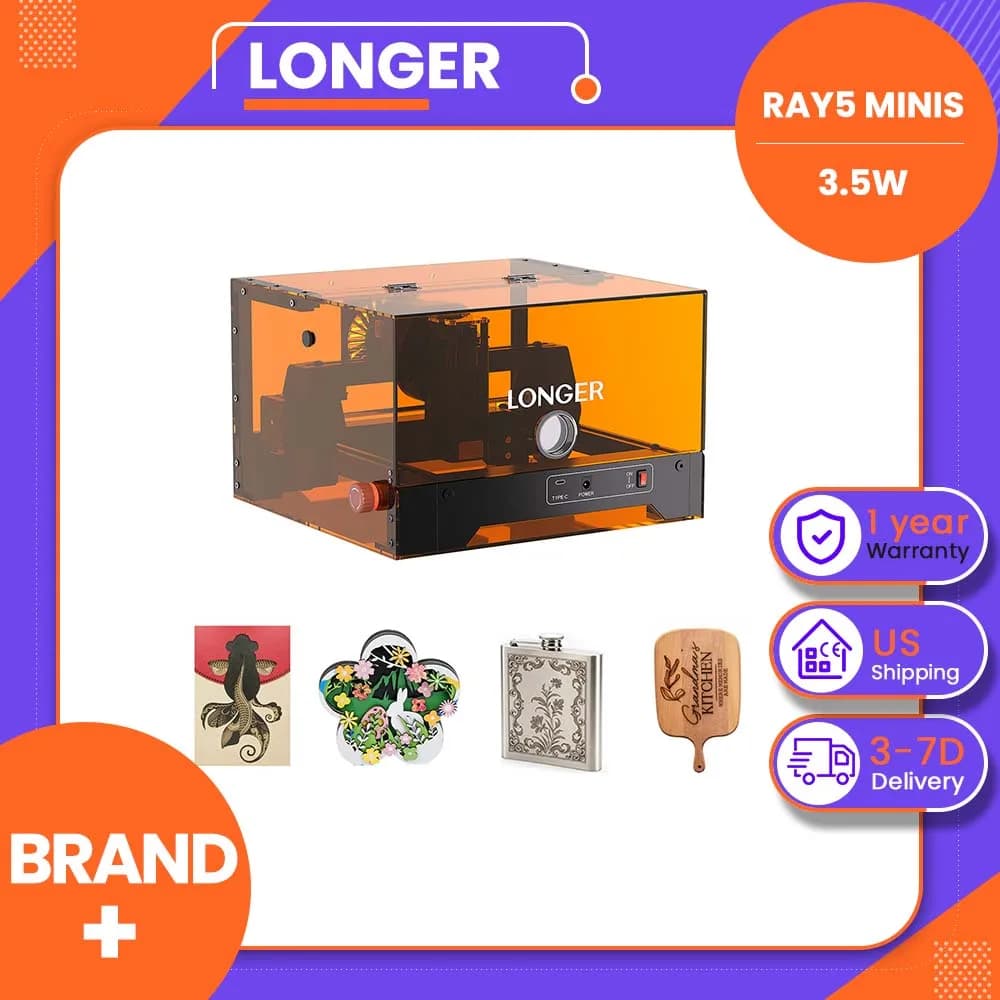 LONGER RAY5 MiniS 3.5W Precision Laser Engraver & Cutter – 0.04mm Ultra-Fine Detail, 12,000mm/min Speed, ESP32-Driven, 130×140mm Work Area, Cuts 12mm Basswood, 360° Protection, Multi-OS Support, DIY Crafts, Jewelry, Keychains, Signs