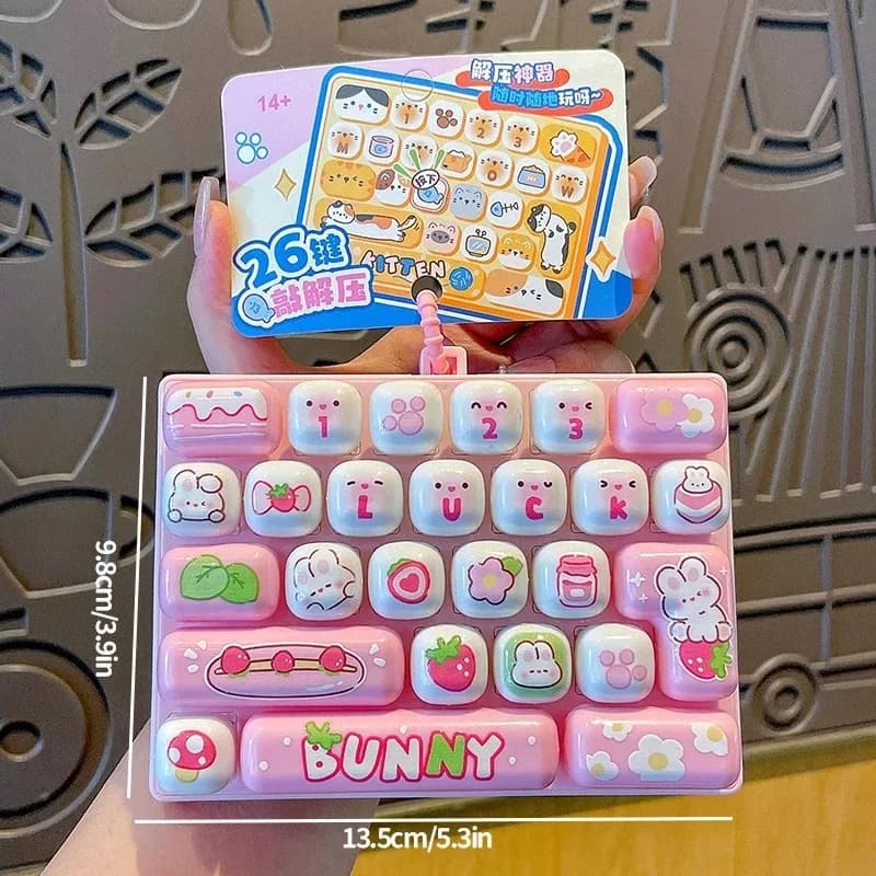 26-Grid Anti-Stress Keyboard Keycap Clicker with Keychain Cartoon Fidget Bag Pendant Keyboard Charms Gift for Stress Relief