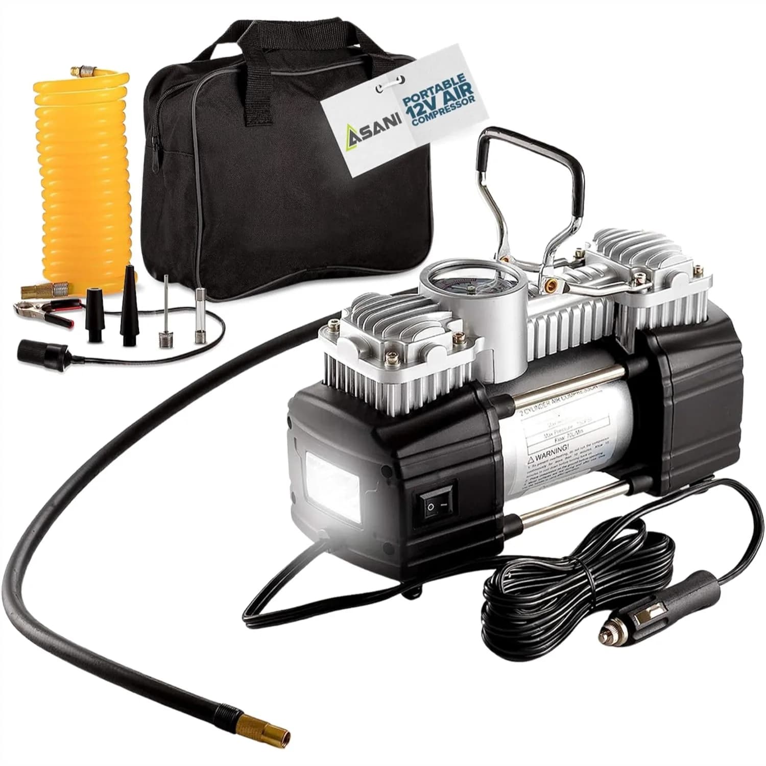 Compressore d'Aria Portatile 12V, Gonfiatore a Doppio Cilindro 150 PSI con Luce LED per SUV, Camion, Auto, Biciclette
