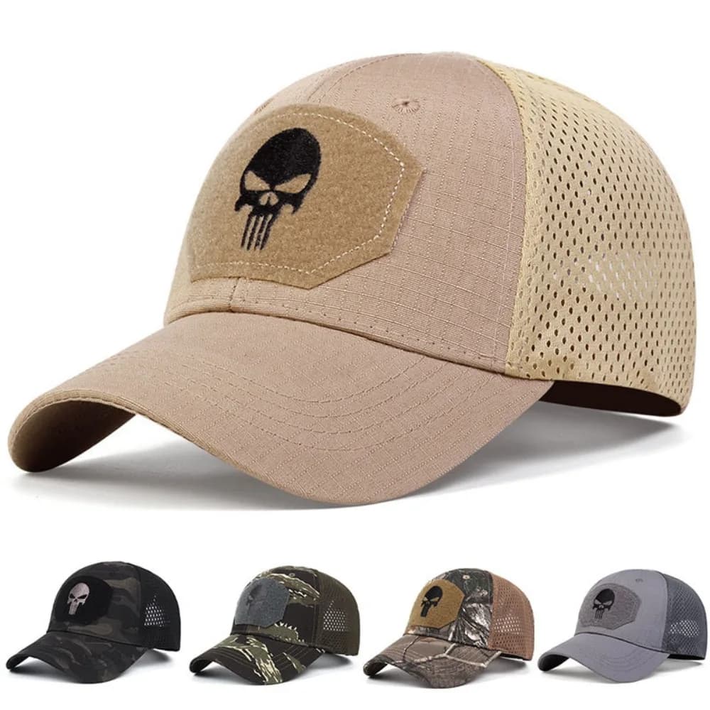 Cappello da Baseball Snapback Tattico Estivo Traspirante in Rete con Ricamo Teschio, Regolabile, Mimetico, per Pesca e Caccia