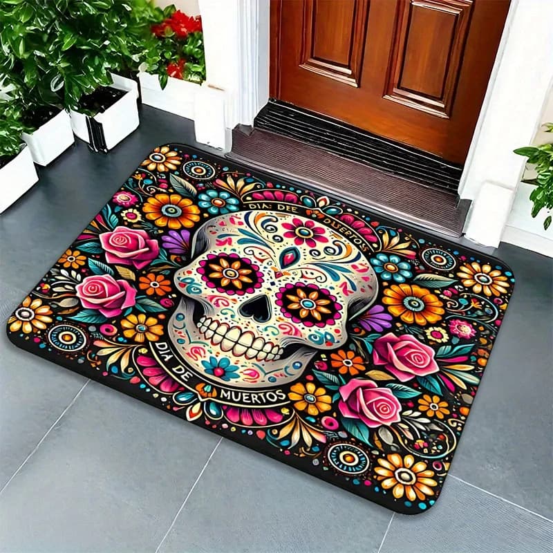 Anti-slip mat with dead day floral skull, decoration for Mexican parties, entrance hall, welcome mat, balcony, hallway, bathroom, home decoration