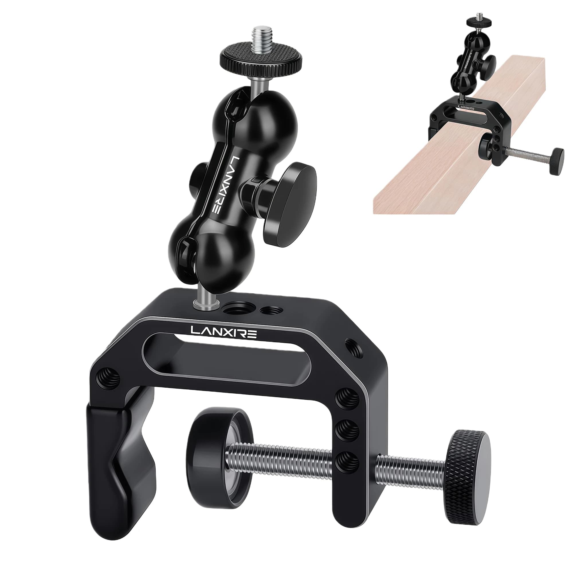 Camera clamp Lanxire C clamp with double ball head magic arm for Cam, fence, desk, tripod, Monitor, light, GoPro, Insta360