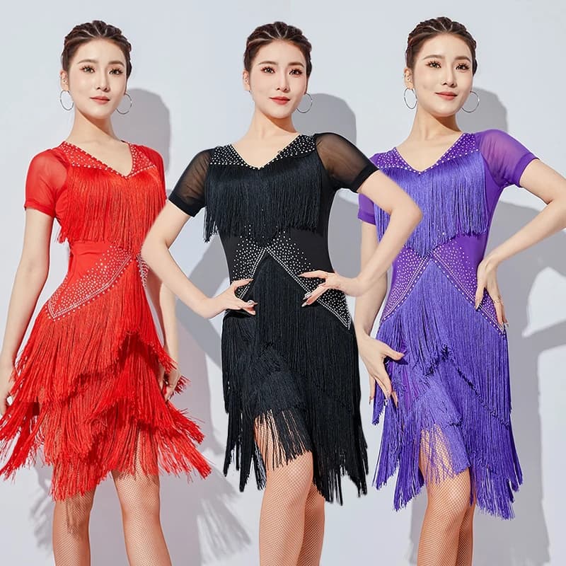 Abito da ballo latino estivo con frange per donna, vestito da samba e rumba, abito nero a maniche corte, abbigliamento da ballo per adulti, rosso VDL4076