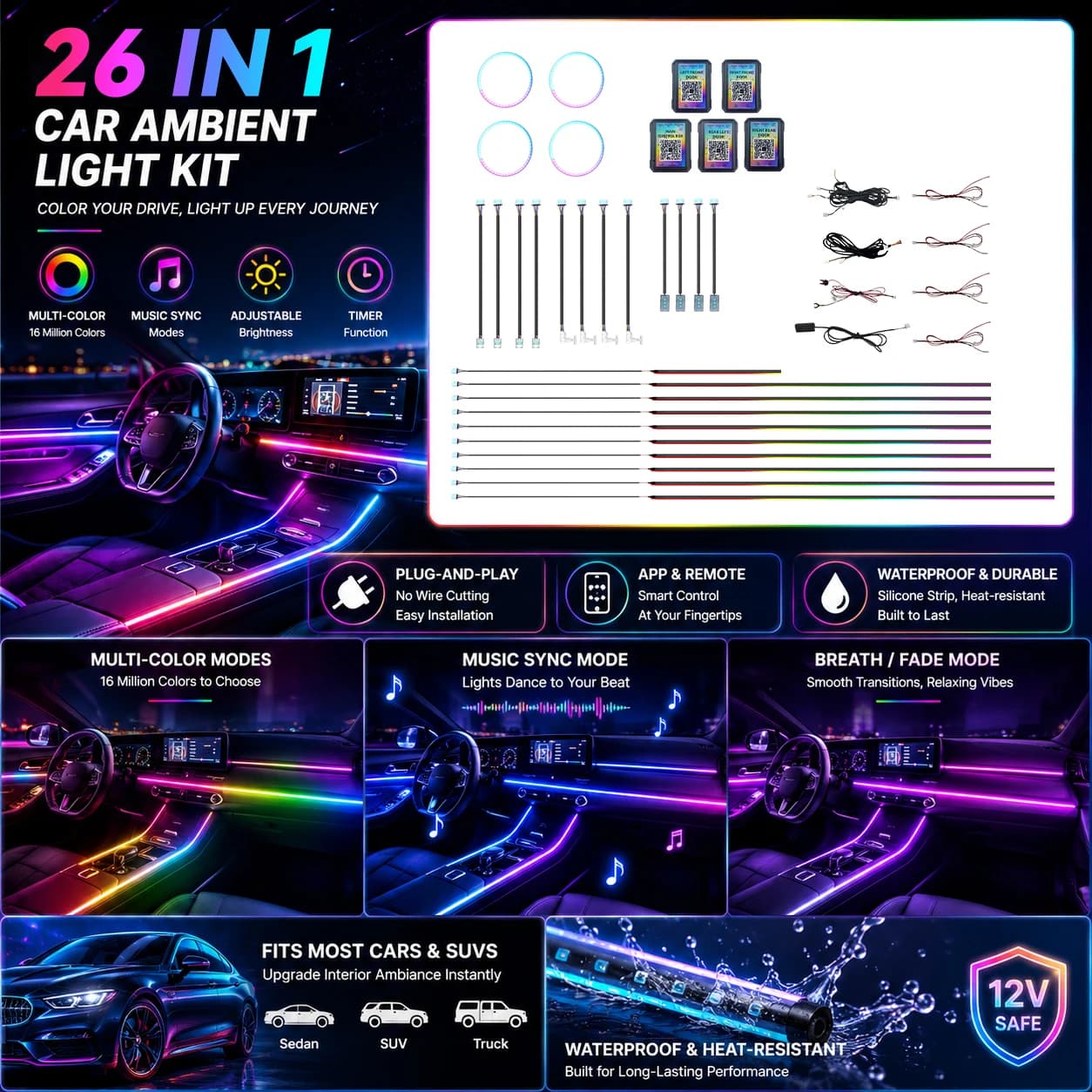 Symphony Car Ambient Light Kit APP Control Dynamic Interior LED Strip 26 in 1 for Universal Cars