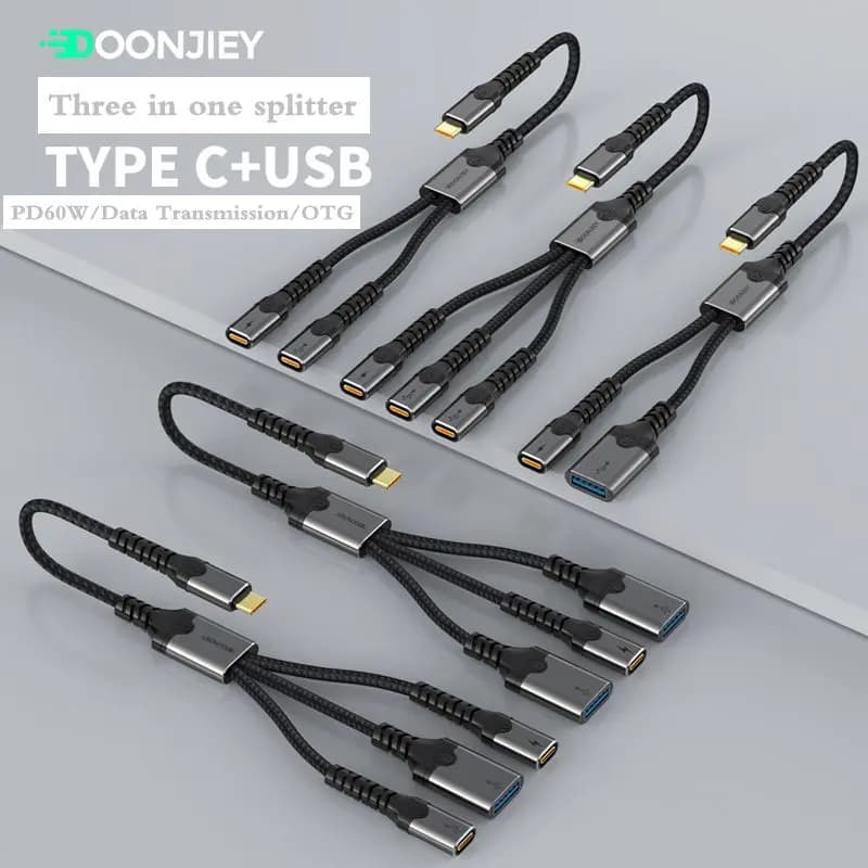 3-In-1 Docking Station Type-C Splitter PD60W USB Multi Port Adapter for Mobile Phones and Computers USB Extension Cable
