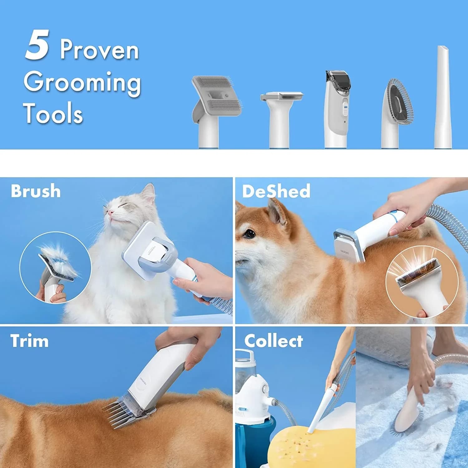 Tosatrice Multifunzione a Vuoto per Peli di Animali Domestici (99% di Peli Raccogliuti) con 5 Strumenti Comprovati per la Toelettatura di Cani e Gatti