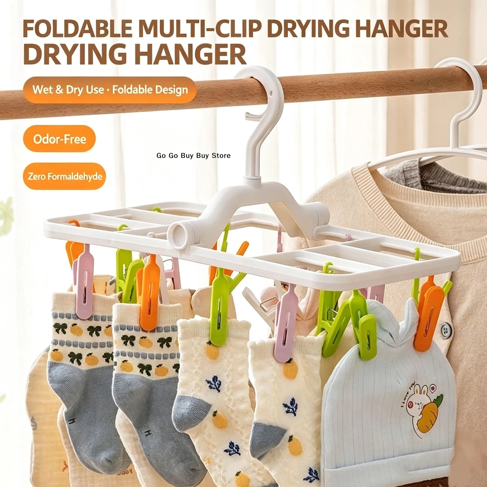 【S】Foldable Multi Clip Clothes Drying Hanger Non Toxic Odor Free For Socks Underwear Baby Clothes Space Saving Home Travel Use