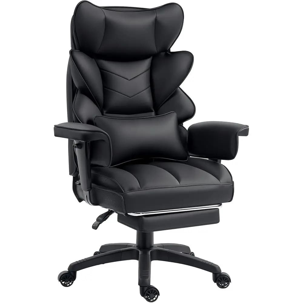 Ergonomic High-Back Office Chair with Spring Cushion, Adjustable Armrests, Lumbar Support, and Footrest - Black Leather