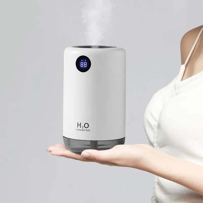 Umidificatore ad ultrasuoni wireless da tavolo per la casa, mini diffusore portatile di nebbia d'acqua aromatica, spettacolo di durata della batteria, 500 ml, 2000 mAh