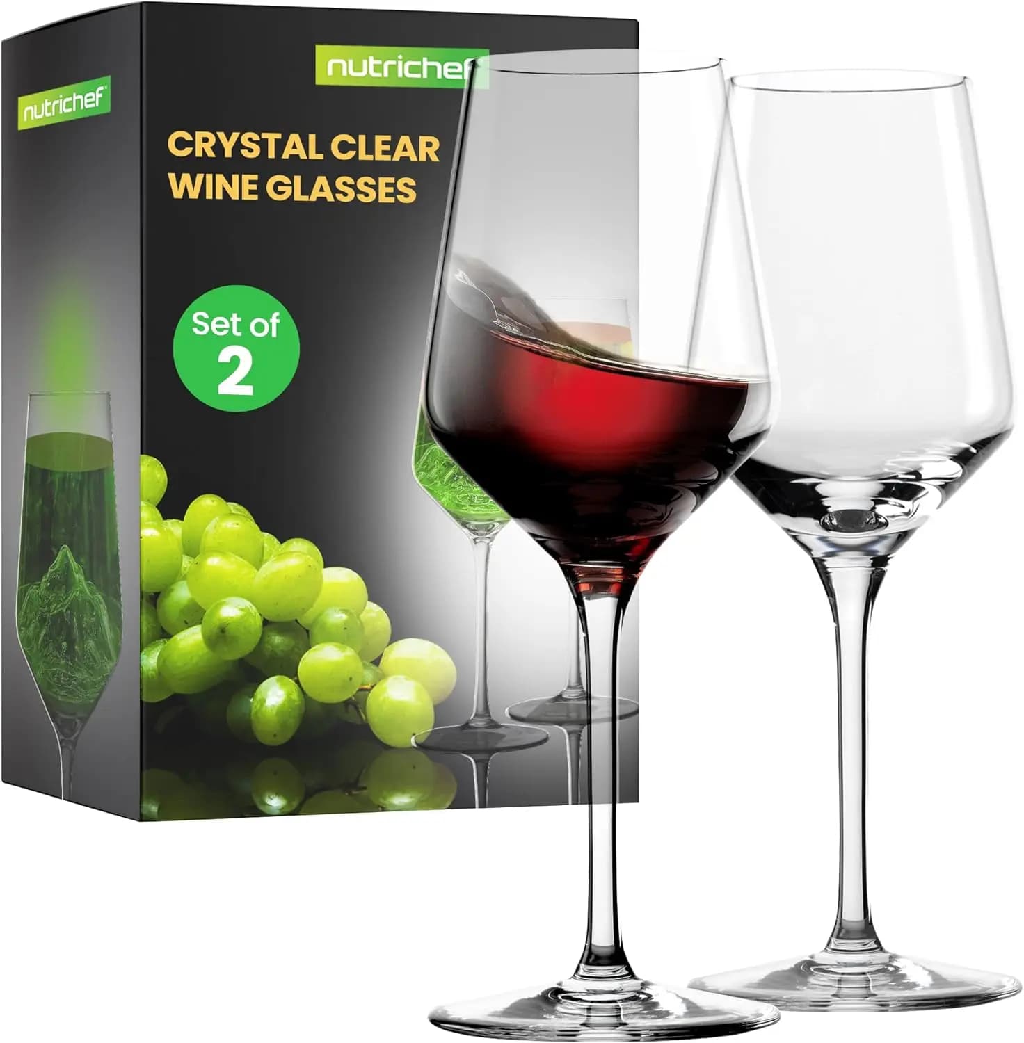 Calici in Cristallo - 2 Eleganti Bicchieri Alti per Vino Rosso e Bianco, con Stelo Trasparente, Ciotola Senza Cuciture, 100% Senza Piombo, Lavabili in Lavastoviglie