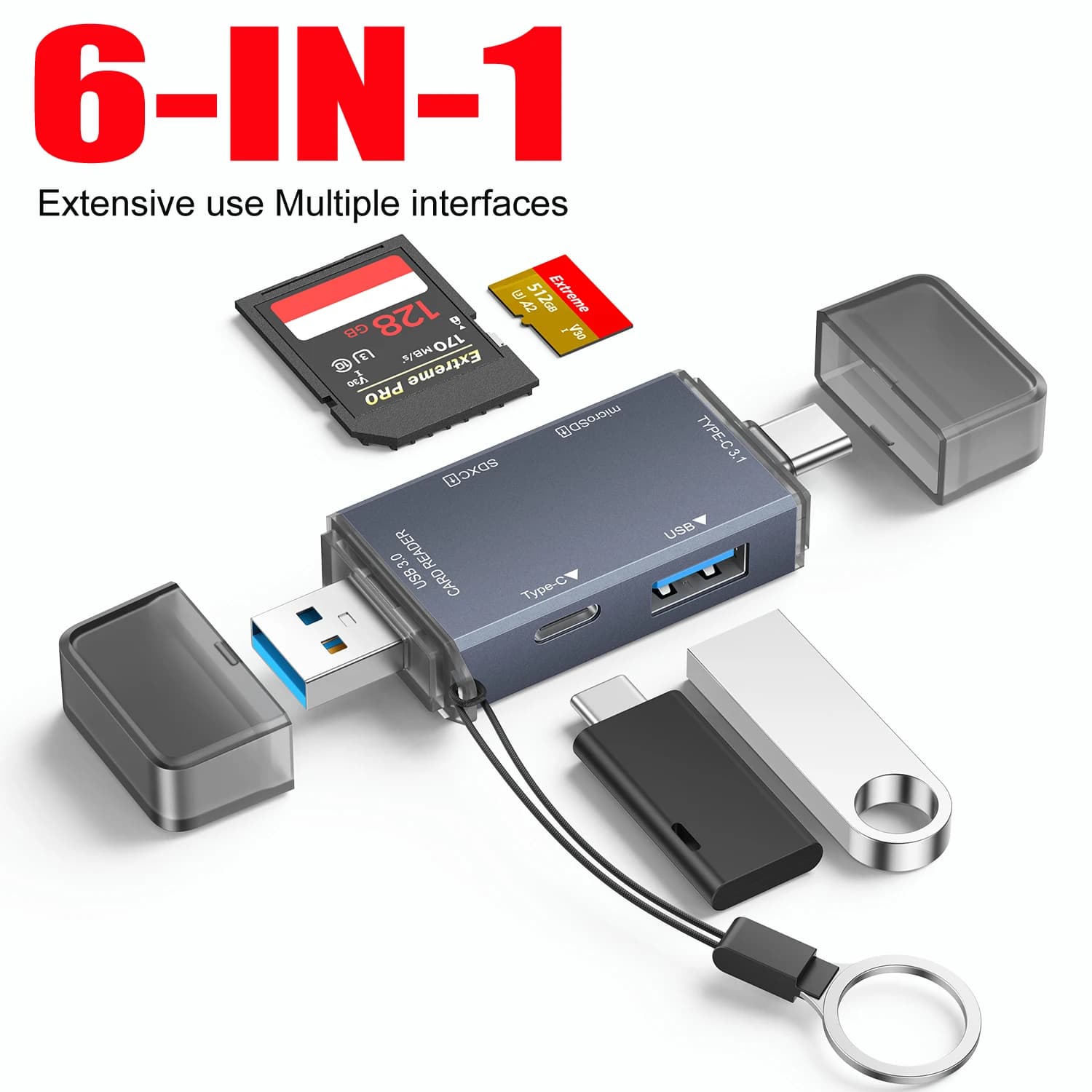Lettore di schede 6in1 Scheda di memoria SD Lettura e scrittura dati della scheda di memoria TF. Disco U, disco rigido, trasmissione e espansione USB/USB-C