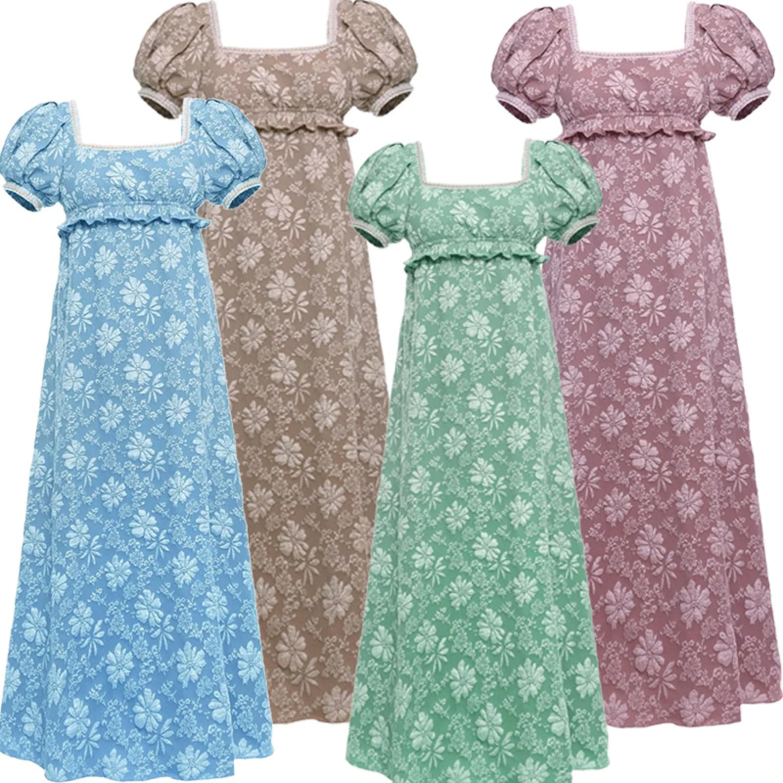 Costume da donna Regency Abito lungo vintage vittoriano con tubo floreale a vita alta, abito da ballo per tea party, abito di Halloween