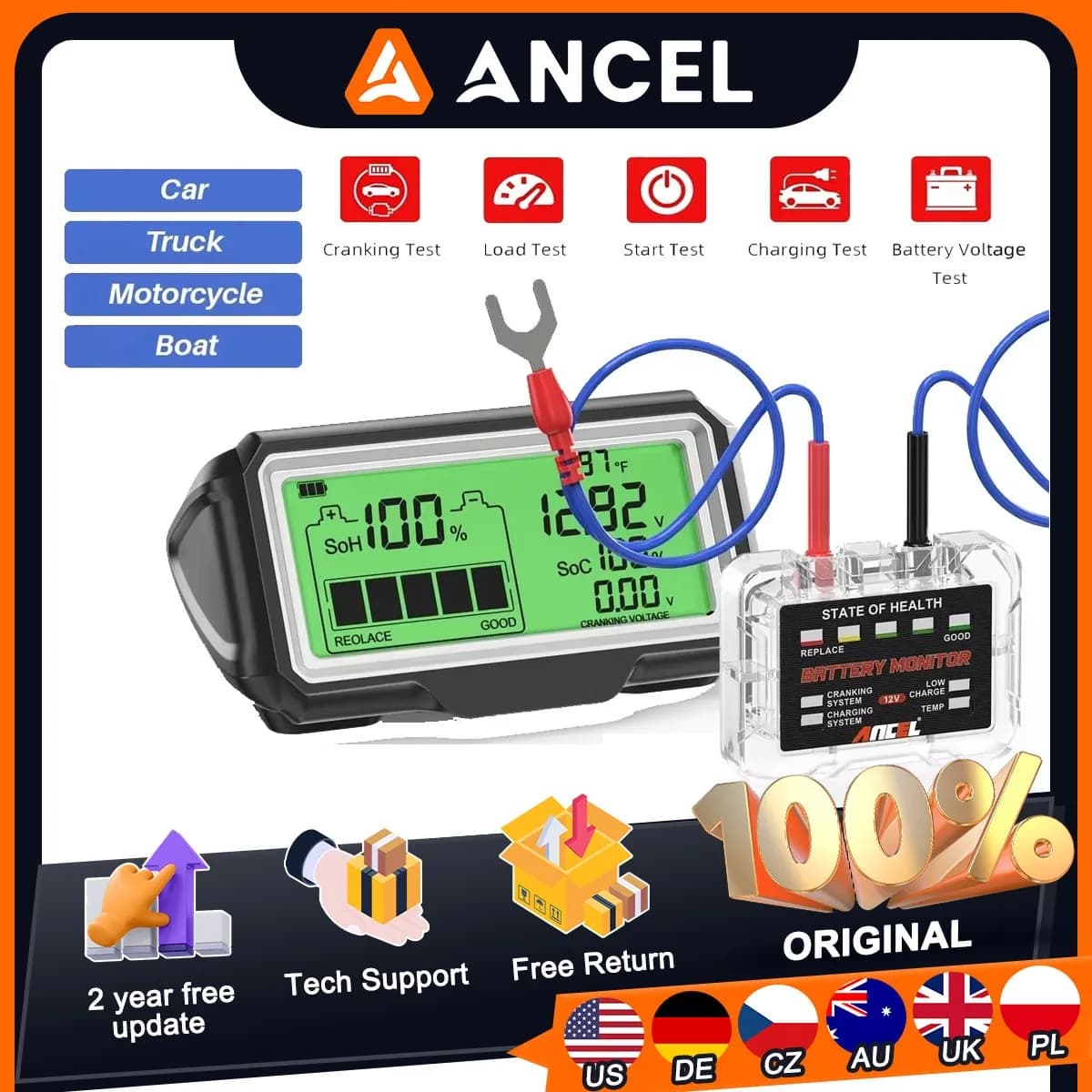 2026 12V Tester batteria per auto SOH SOC Ricarica ANCEL BM200 PRO con display a LED Strumenti professionali per l'analizzatore di salute della batteria
