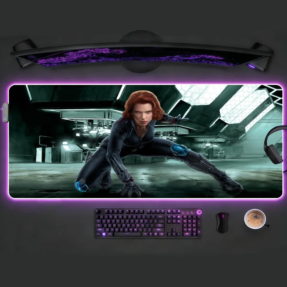 Tappetino per mouse Movie B-Black W-Widow con LED RGB, antiscivolo, in gomma, per gaming, grande XXL, per computer e ufficio