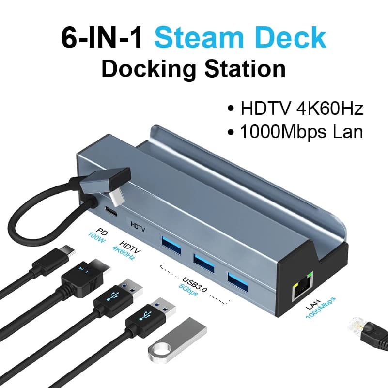 Docking Station USB-C 6-in-1 per Steam Deck con HDTV 4K60Hz, LAN 1000Mbps, 3x USB 3.0 5Gbps, PD 100W e Case in Lega di Alluminio