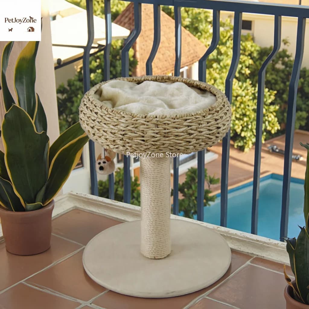 PetJoyZone - Tettuccio per Gatti Intrecciato a Mano, Grande Torre per Gatti con Cesto Nido in Vimini e Rattan