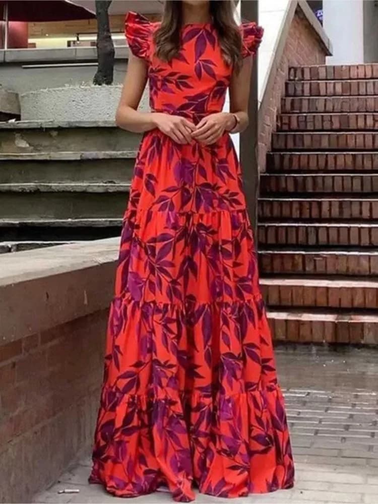 Abito da donna con scollo rotondo stampato lungo con volant Abito estivo da pendolarismo Elegante vita alta con scollo a V Abiti casual a maniche corte
