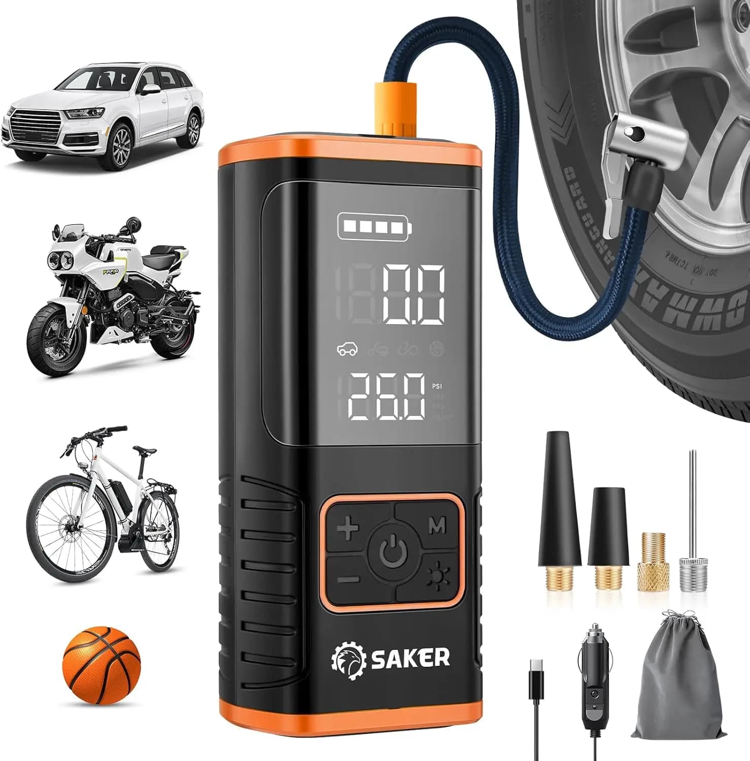 Compressore d'aria portatile con 150 PSI, manometro per pneumatici, luce a LED, batteria da 7500 mAh per pneumatici per auto, moto, bici