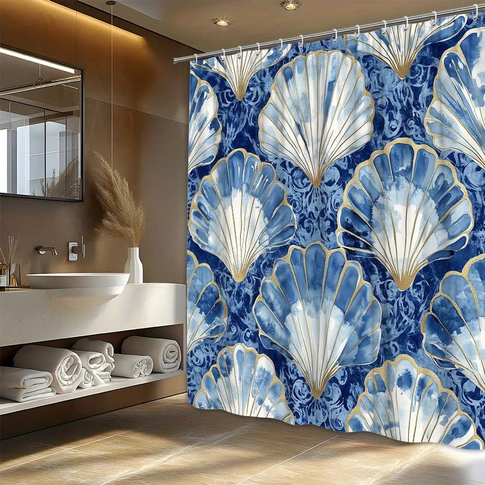 Tenda da doccia costiera di lusso da 1 pezzo - Elegante arredamento da bagno con conchiglia di capesante con accenti blu navy, bianchi e dorati - Extra Large