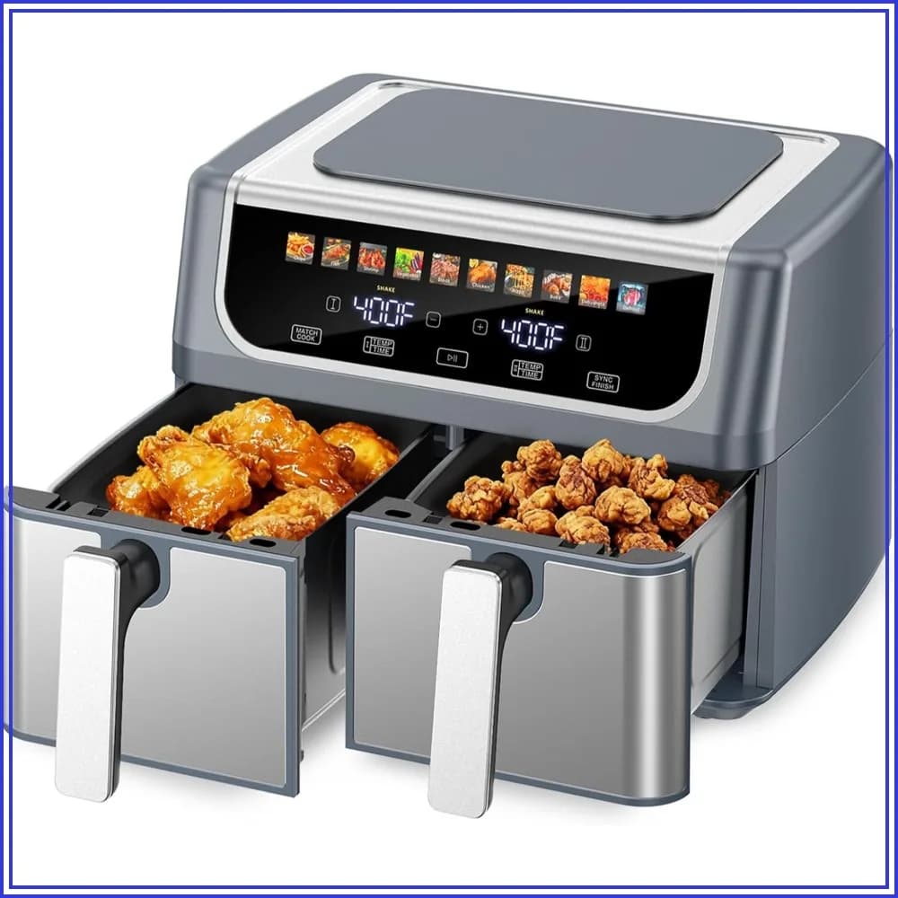 9.5QT Dual Basket Air Fryer, Independent Temp Control, Sync Setting, Shake Reminder, 10 Presets
