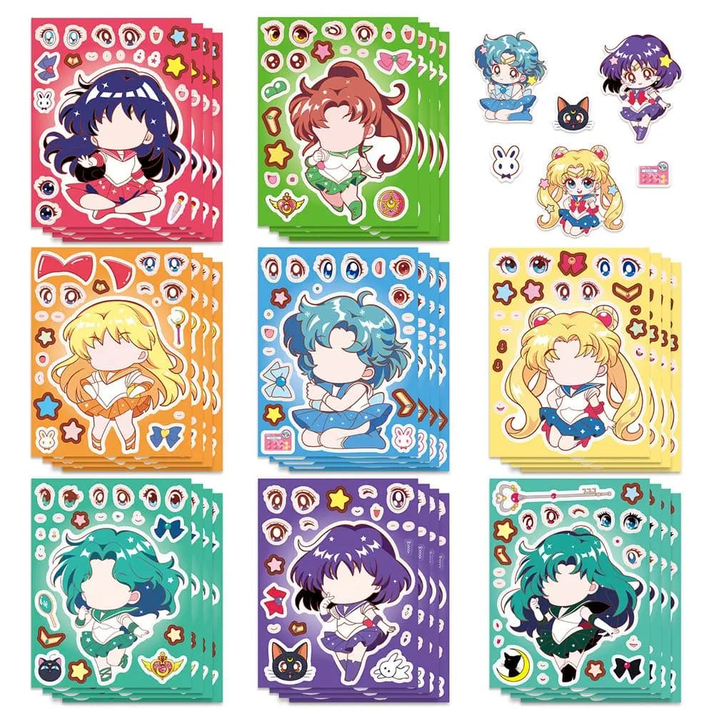 8/16PCS Sailor Moon Face-Change Puzzle DIY Stickers - Cartoon Cute Party Friend Interaction Collage Decorative Poster 2026
