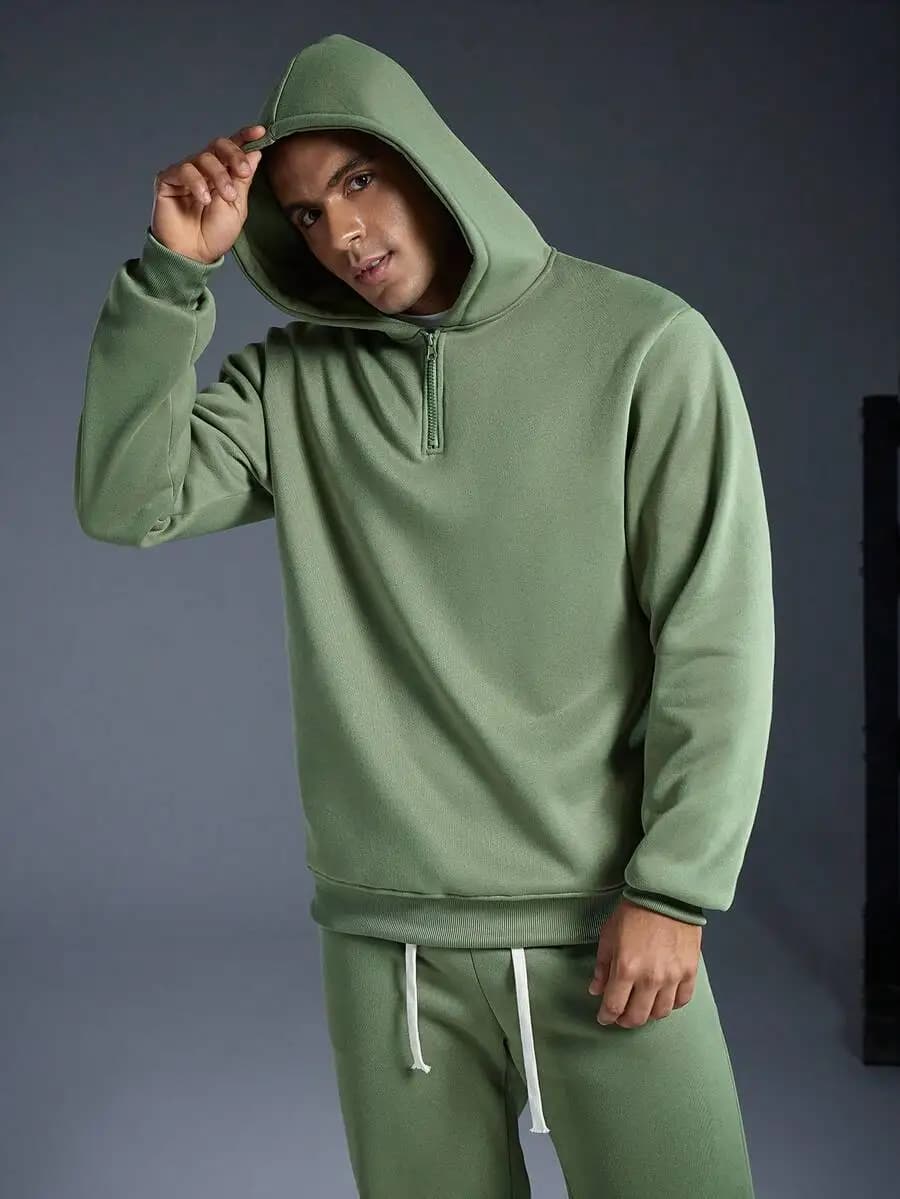 Set Felpa con Zip e Pantaloni Coordinati Verde Oliva per Uomo, Abbigliamento Casual Autunno-Inverno