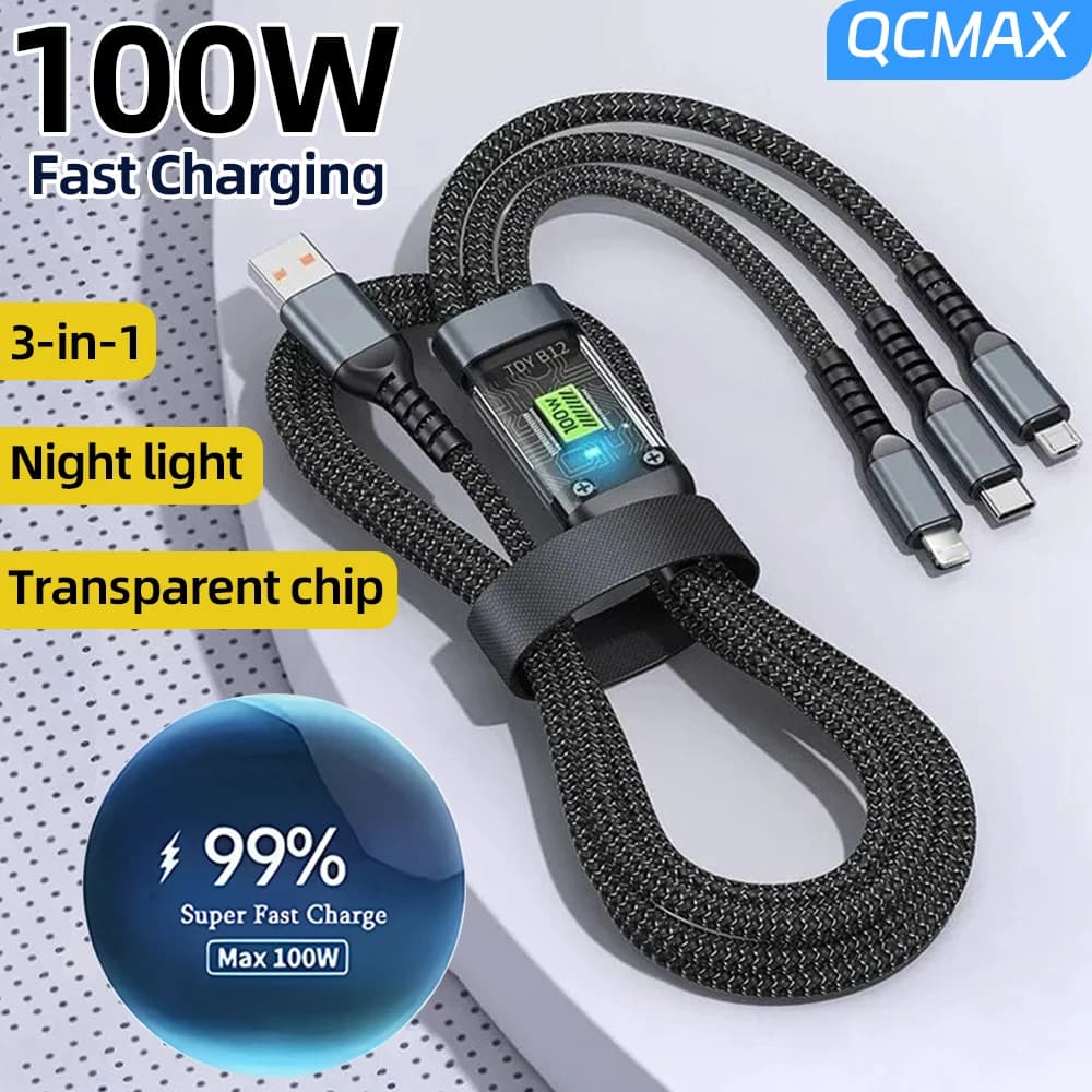 Cavo USB da 100 W 3 in 1 Cavo di ricarica rapido Accessori per iPhone Xiaomi Huawei Tipo C Cavo di ricarica Linea di cavi multiporta