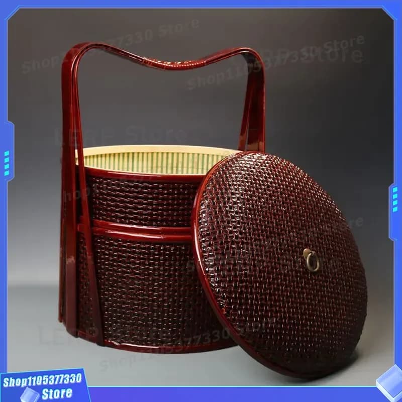 Large Red Bamboo Weaving Basket Portable Wedding Gift Box Chinese Style Food Container Handheld Bye Bye Basket for Ceremony