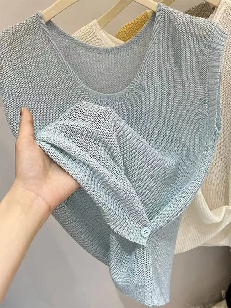 Top in maglia traforata blu ghiaccio da donna, senza maniche, casual, stile estivo alla moda