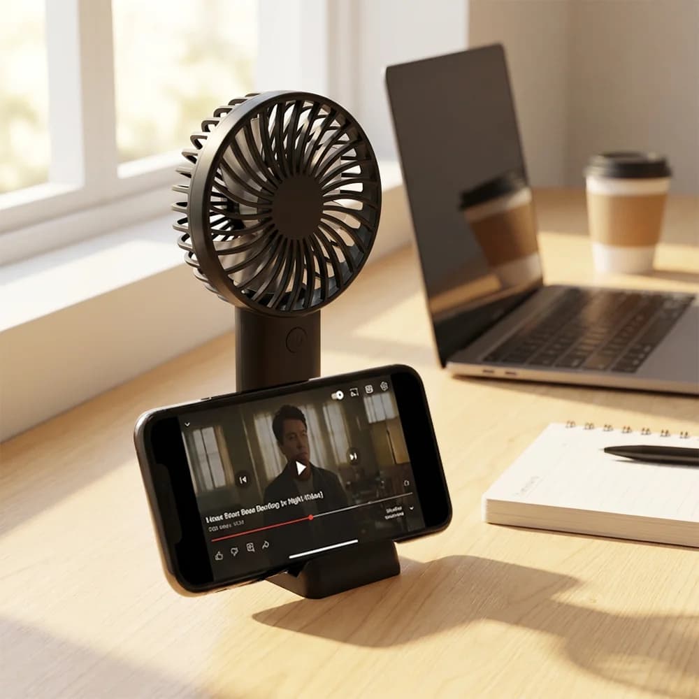 Ventilatore Portatile Mini USB da 1200mAh, Silenzioso, con Supporto per Telefono, Ideale per Dormitorio e Scrivania
