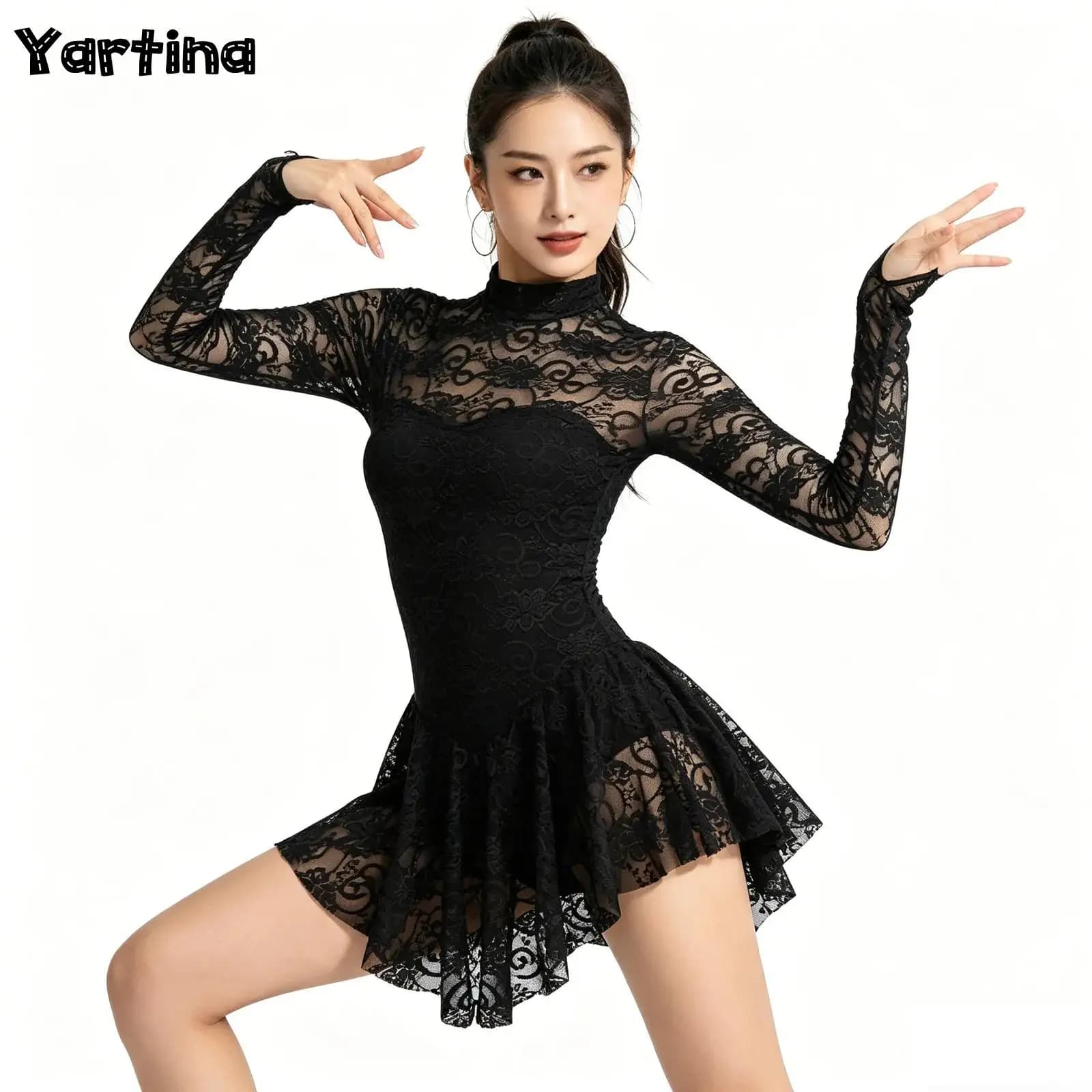 Maglia da balletto per ginnastica per adulti da donna, body da danza contemporanea, abbigliamento da ballo, abito collant da pattinaggio di figura in pizzo a maniche lunghe