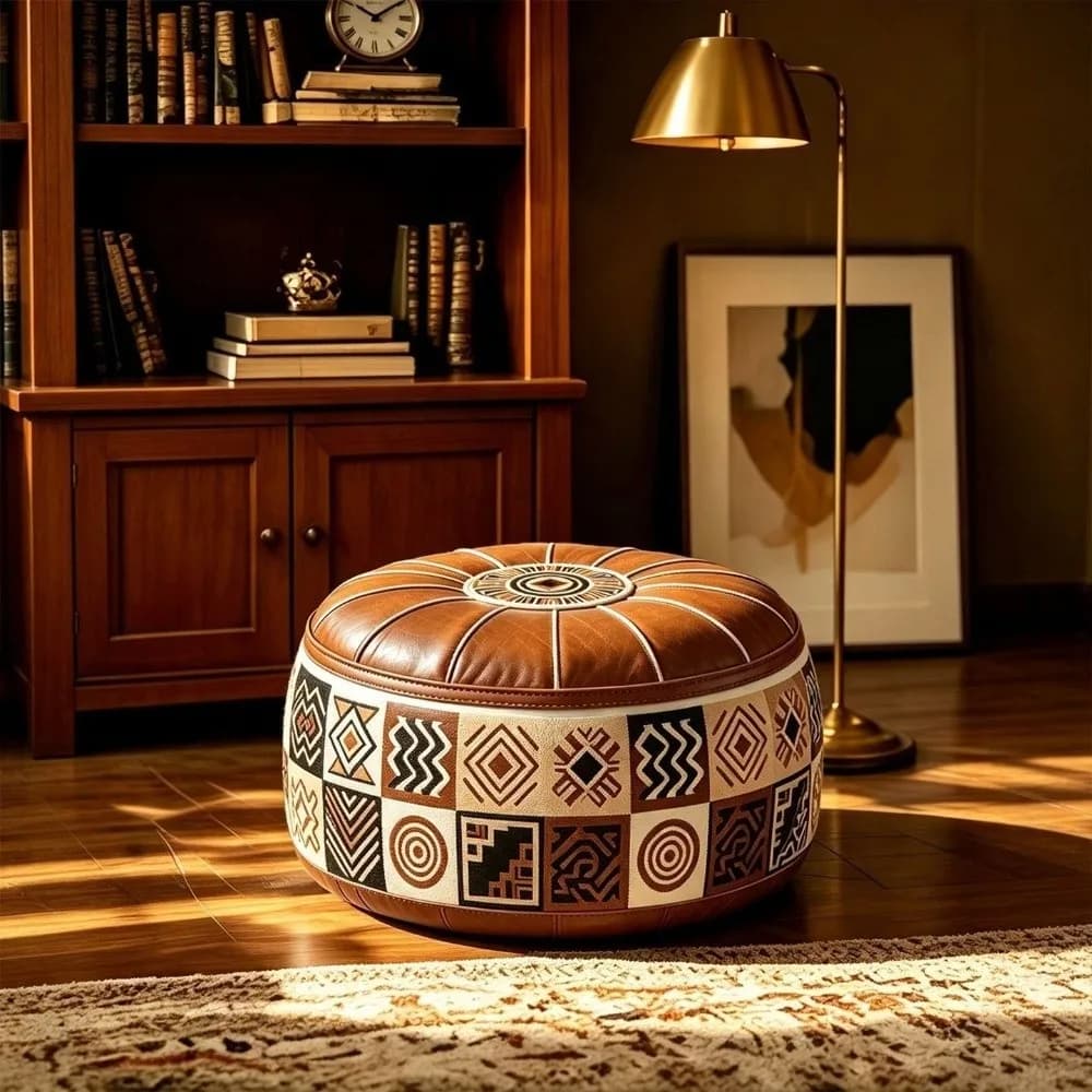 Boho Style Sofa Stool Cover PU Leather Foldable Round Footstool Cover Unstuffed Large Capacity Storage Ottoman Living Room