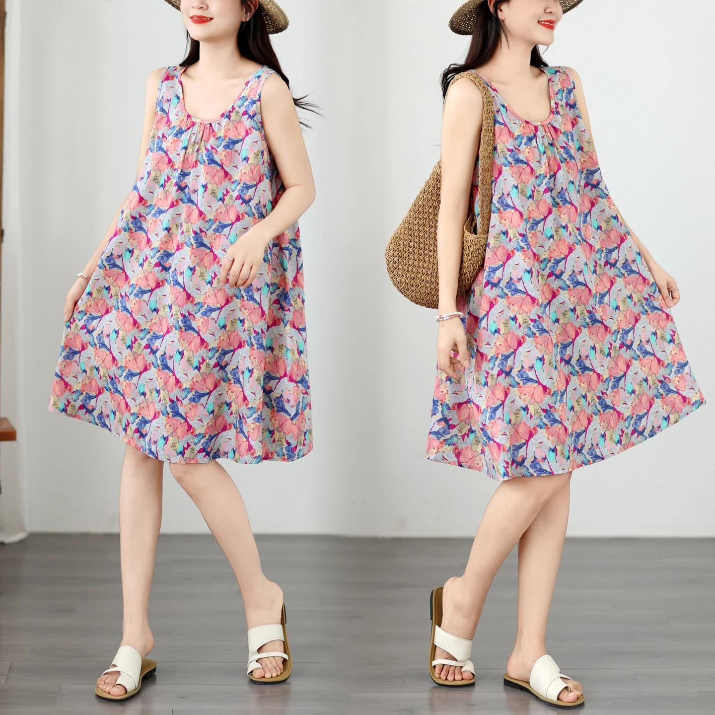Summer Loose Sleeveless round Neck Print Dress Women's plus Size A-Line Skirt Gown Artistic Style Cotton Citywalk Dress